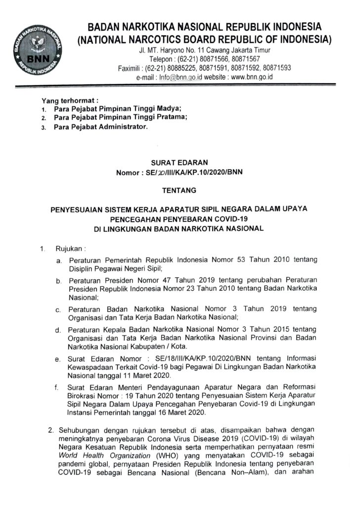 SE Tentang Penyesuaian Sistem Kerja ASN dalam Upaya Pencegahan Penyebaran Covid-19 di Lingkungan BNN