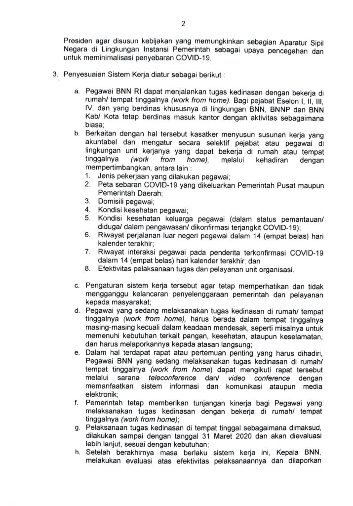 SE Tentang Penyesuaian Sistem Kerja ASN dalam Upaya Pencegahan Penyebaran Covid-19 di Lingkungan BNN