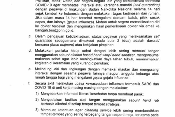 SE Tentang Kewaspadaan Terkait Covid-19 Bagi Pegawai di Lingkungan BNN